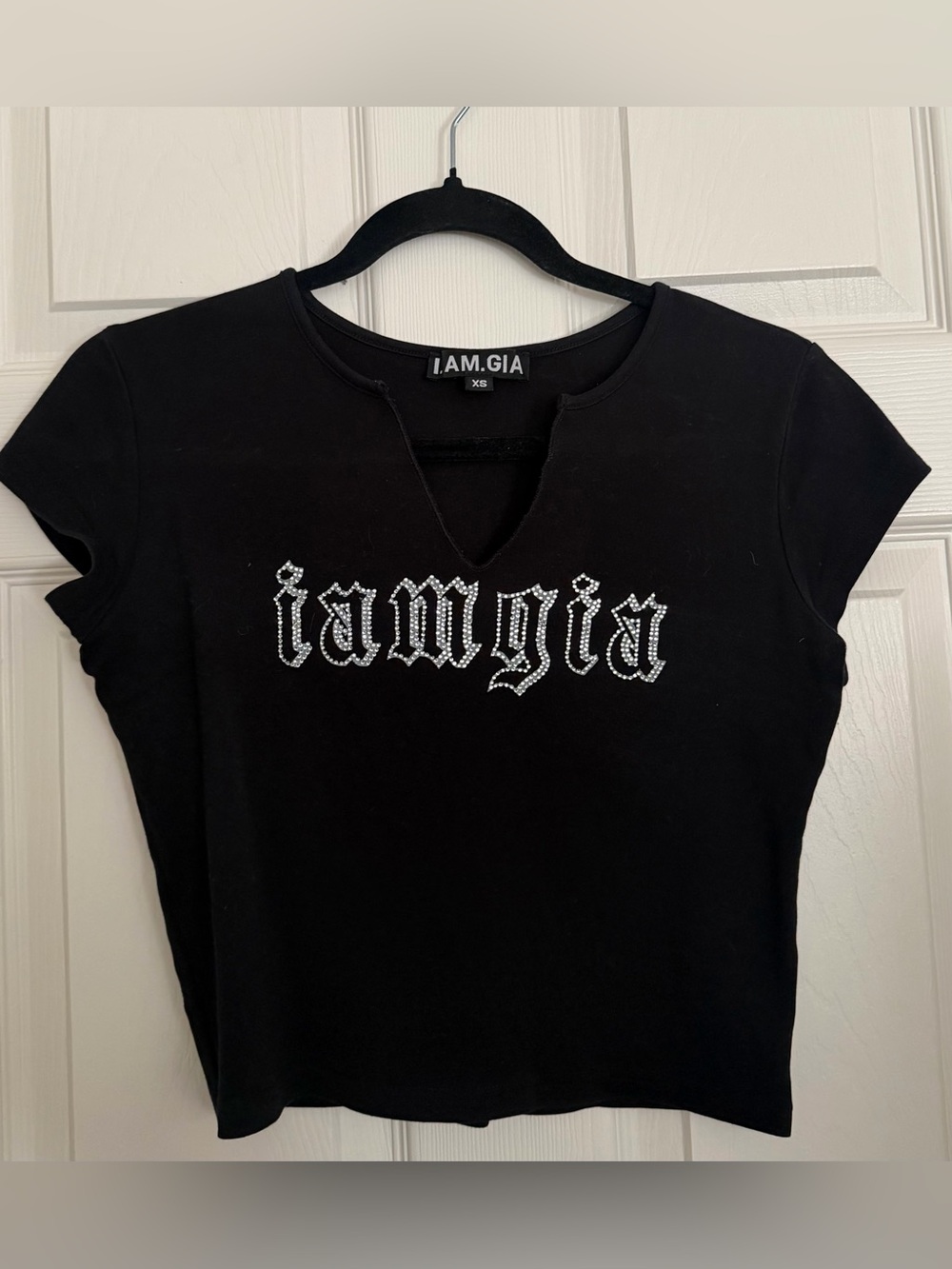 I.AM.GIA Black Rhinestone Logo Notch Tee